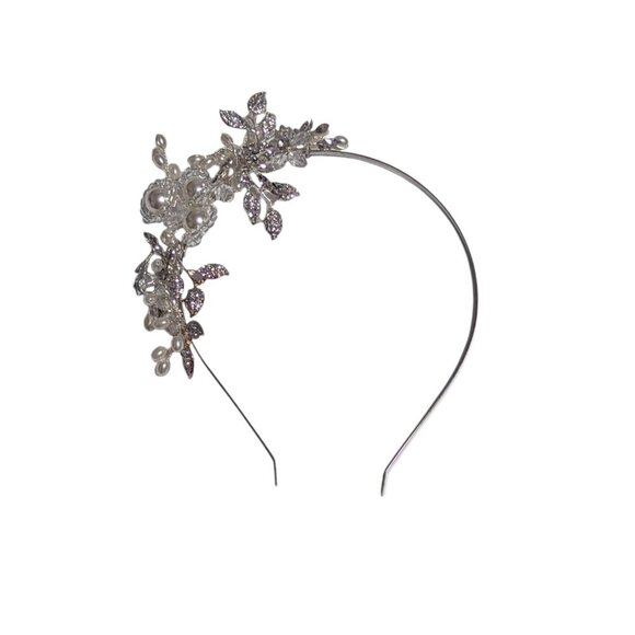 Pearl Rhinestone Headband Tiara Side View Silver Tone Bridal Event Ball Boho - Picture 5 of 6